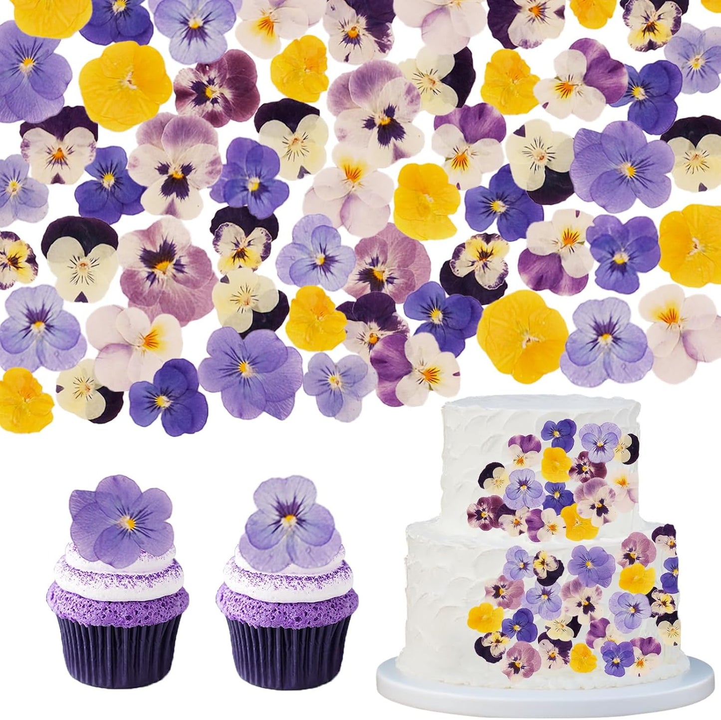 Dried Pressed Flowers Cake Topper 40 PCS Purple Tricolor Floral Cupcake Toppers Decoration Natural Dry Real Flowers for Cocktail Drink Crafts Resin Candle Soap DIY Art Jewelry Making