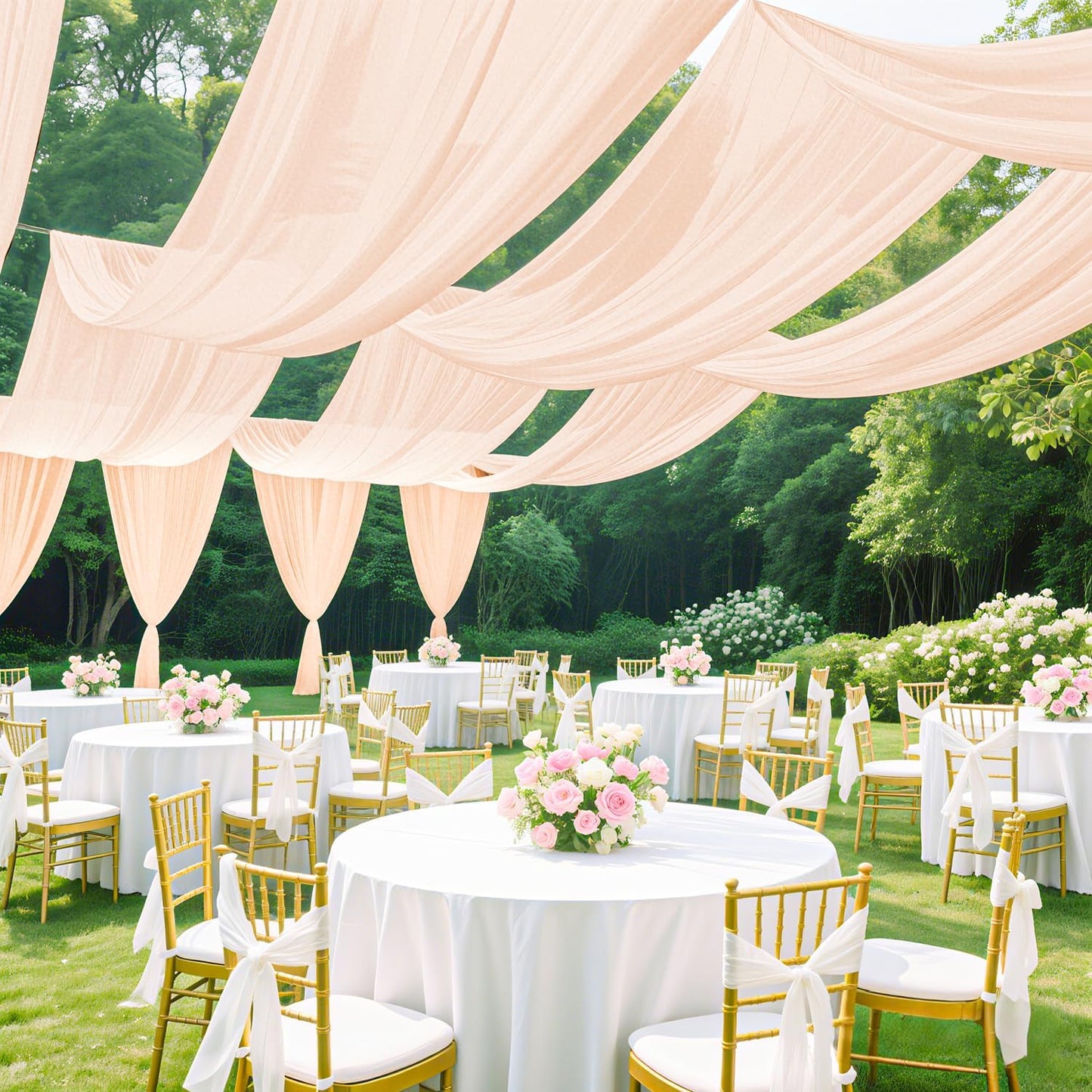 Wedding Arch Draping Fabric 5FTx20FT 2 Panels Ceiling Drapes Champagne Party Decorations Chiffon Backdrop Swag Curtains Sheer Fabric Wedding Arch Drapery Ceiling Tent Drape Decor for Altar Stage