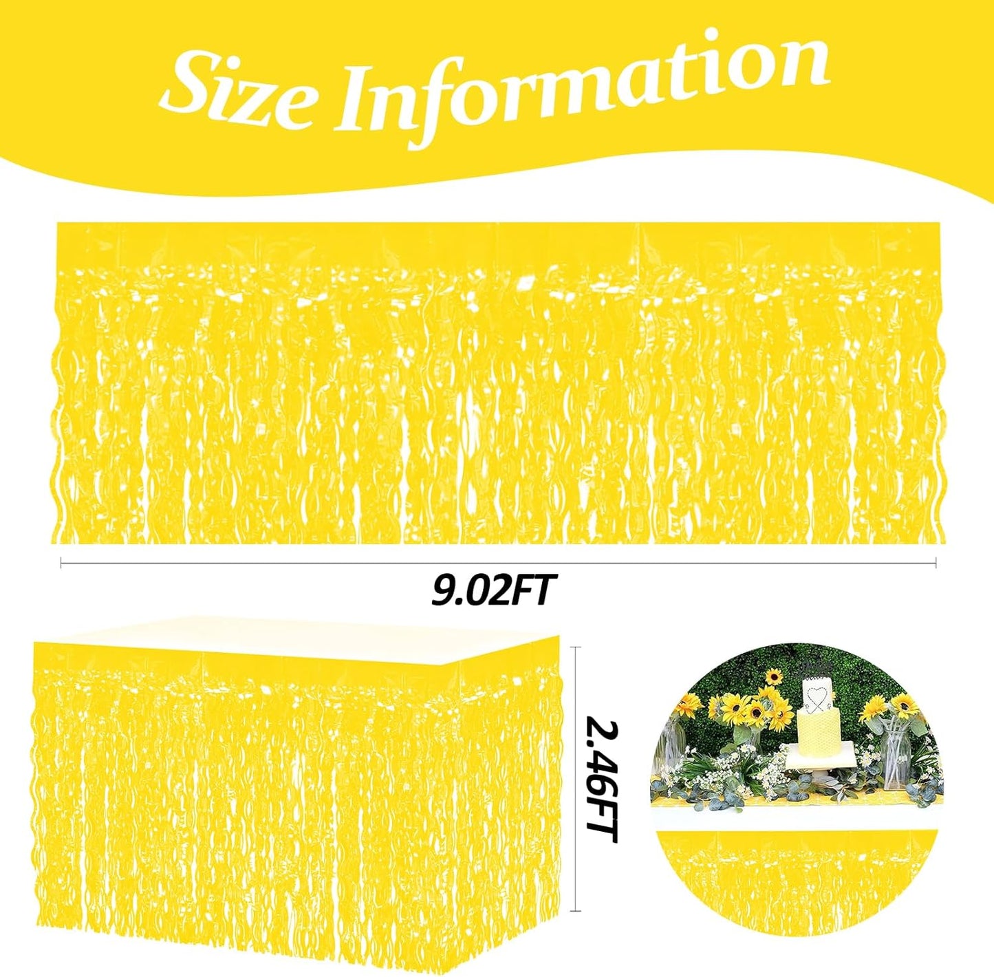4P Wavy Metallic Tinsel Foil Fringe Table Skirts for Rectangle Tables Backdrop Garland Curtains for Parade Floats Wedding Birthday Parties Decoration Graduation 2025 Christmas (Makaron Yellow)