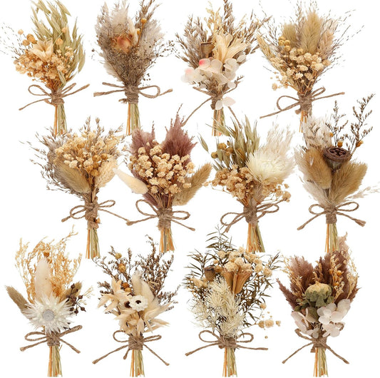 Layhit 12 Pack Boho Dried Flower Bouquet Mini Wedding Handmade Dry Flowers Decor for Vase Crafts DIY Photo Boutonniere for Men Floral Plant for Bridesmaid Gift Birthday Decor