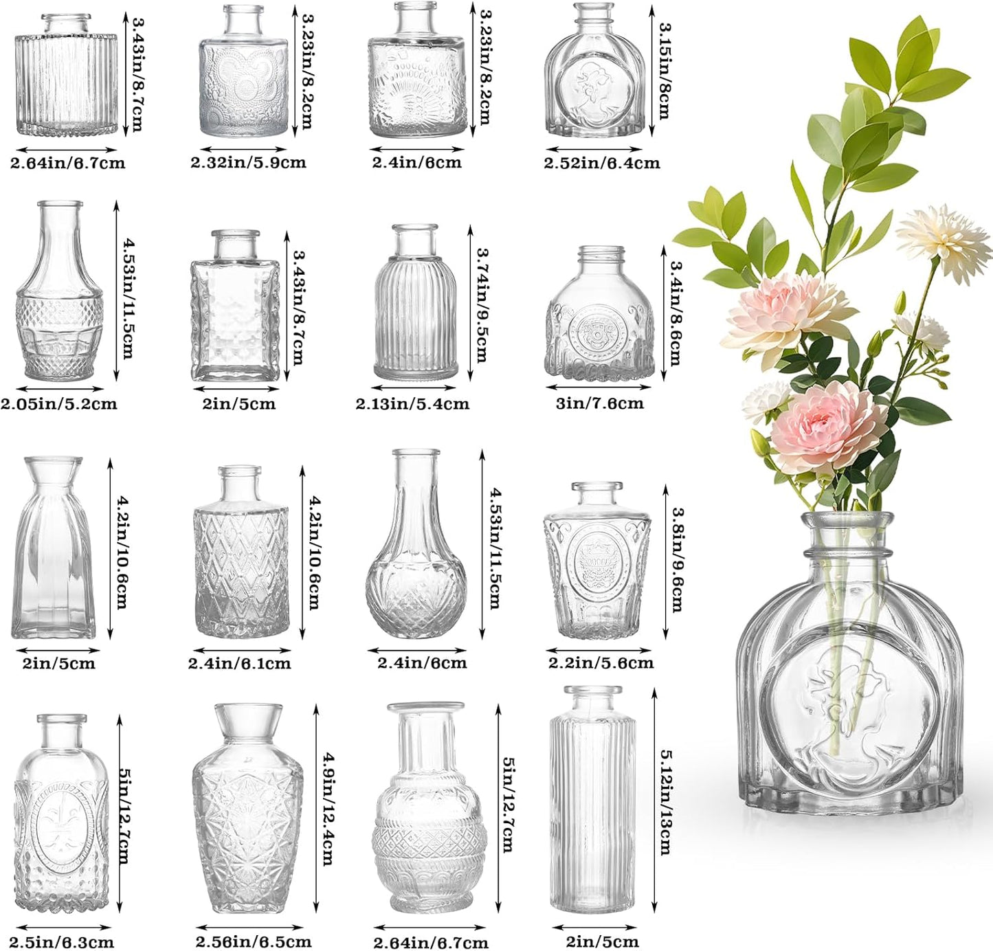 Glass Bud Vase Set of 16, Small Vases for Flowers, Mini Vintage Vase for Centerpieces, Clear Flower Vases for Wedding, Table, Party, Home Decor