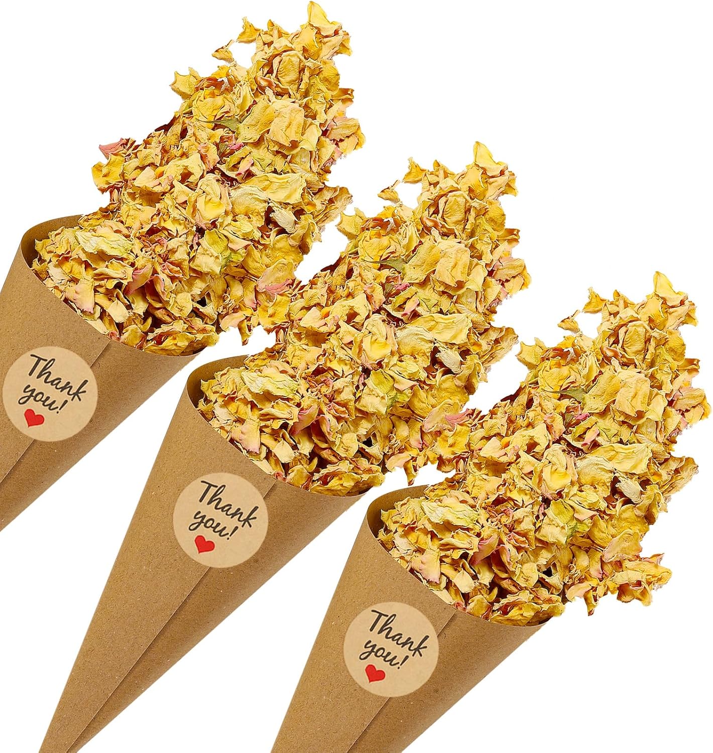 PATIKIL Dried Flower Confetti Cones, 30Pcs Paper Tapers Cone Holder with Dried Rose Petals / Sticker for Wedding Party Engagement Birthday DIY Decoration, Light Yellow/Pink