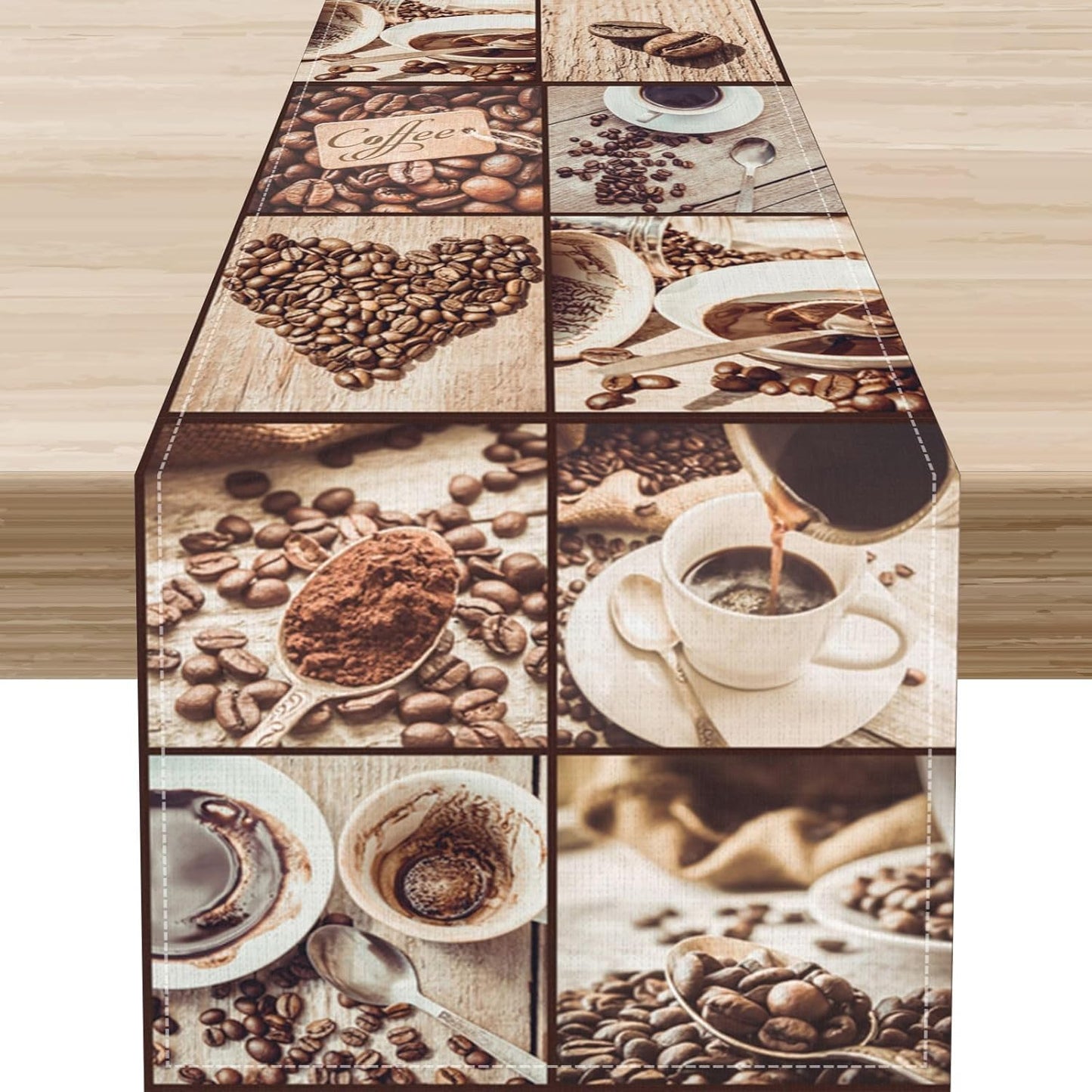 Coffee Theme Table Runner, Rustic Farmhouse Coffee Cup Latte Cappuccino Tea Party Cafe Table Center Decor for Home Kitchen Dining Patio Holiday Party Indoor Outdoor Table Decorations, 13"x108" Inch