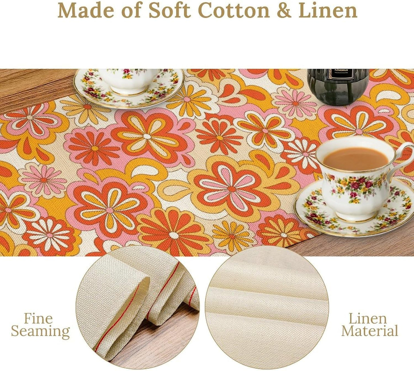 Vintage Floral Table Runner,70s Style Retro Daisies Flower Hippie Table Runner for Kitchen Dining Table Home Party Decoration 13x60 Inch