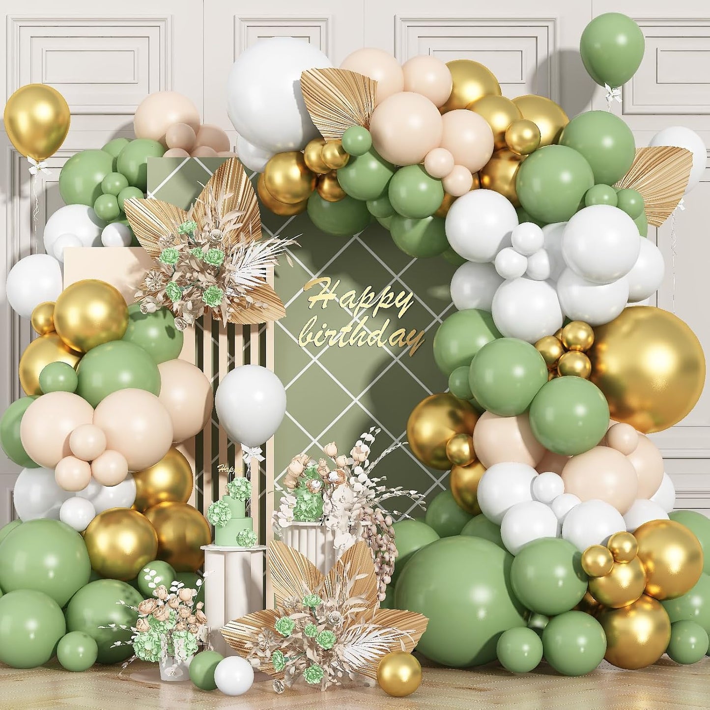 Sage Green Balloon Arch Kit 97Pcs Avocado Green Gold Balloons Garland Kit with Double Stuffed Balloons Neutral Nude Beige Cream White Birthday Party Balloons for Bridal Baby Shower Wedding Decorations