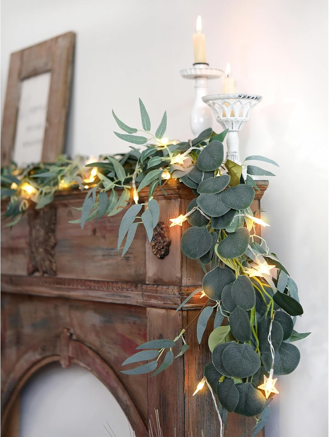 FiveSeasonStuff Woodland Whispers: Rustic Willow and Eucalyptus Garlands with 33 Feet 80 LED Star String Lights (Battery-Powered)
