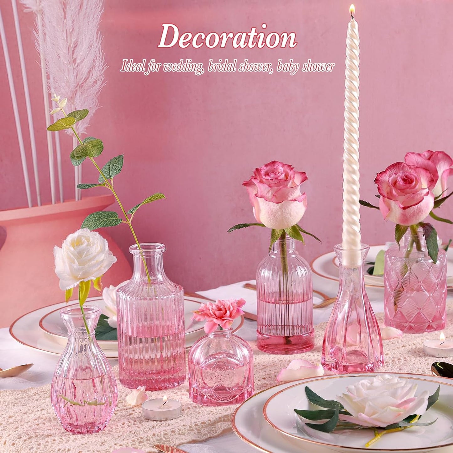 Pink Glass Bud Vases Set of 12, Mini Flower Vase for Centerpieces, Small Vases in Bulk for Wedding Decorations, Vintage Vase for Table, Home Décor