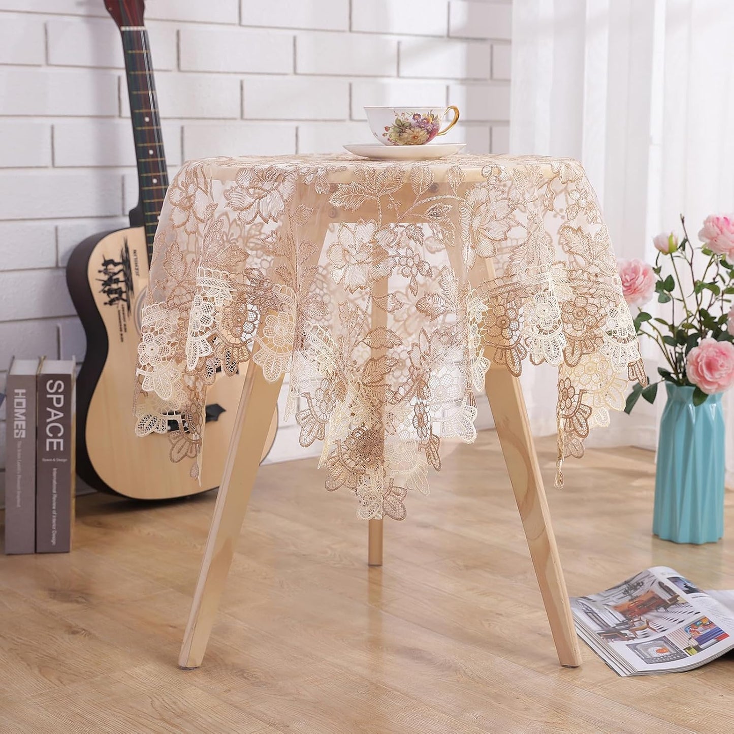 Lace Tablecloth Round Lace Vintage Round Tablecloth Decorative Exquisite Border Table Cover for Party Wedding Home Decorations, Round-48, Beige