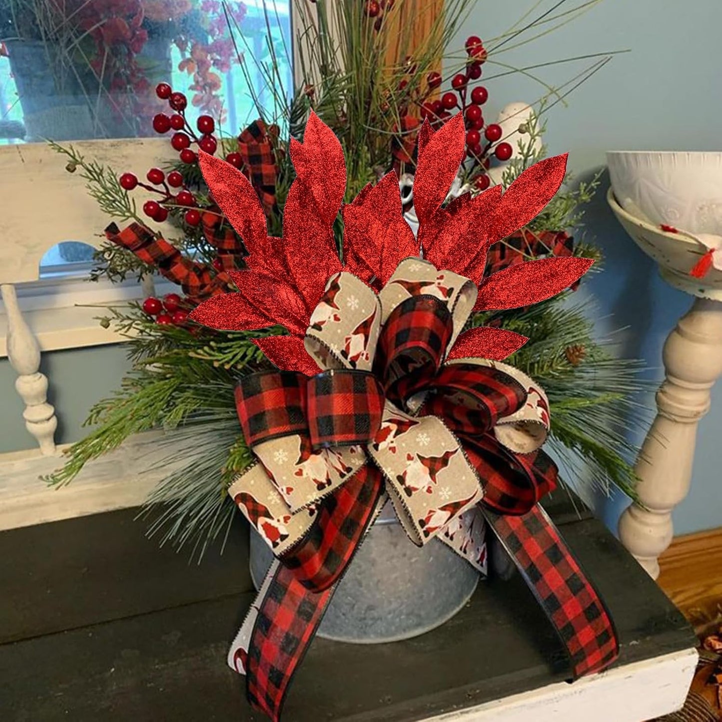 GREENTIME 12 Pack Artificial Red Glitter Leaves 13" Fake Christmas Picks Decorative Glitter Sticks for Vase Christmas Tree DIY Wreath Crafts Fireplace Decor