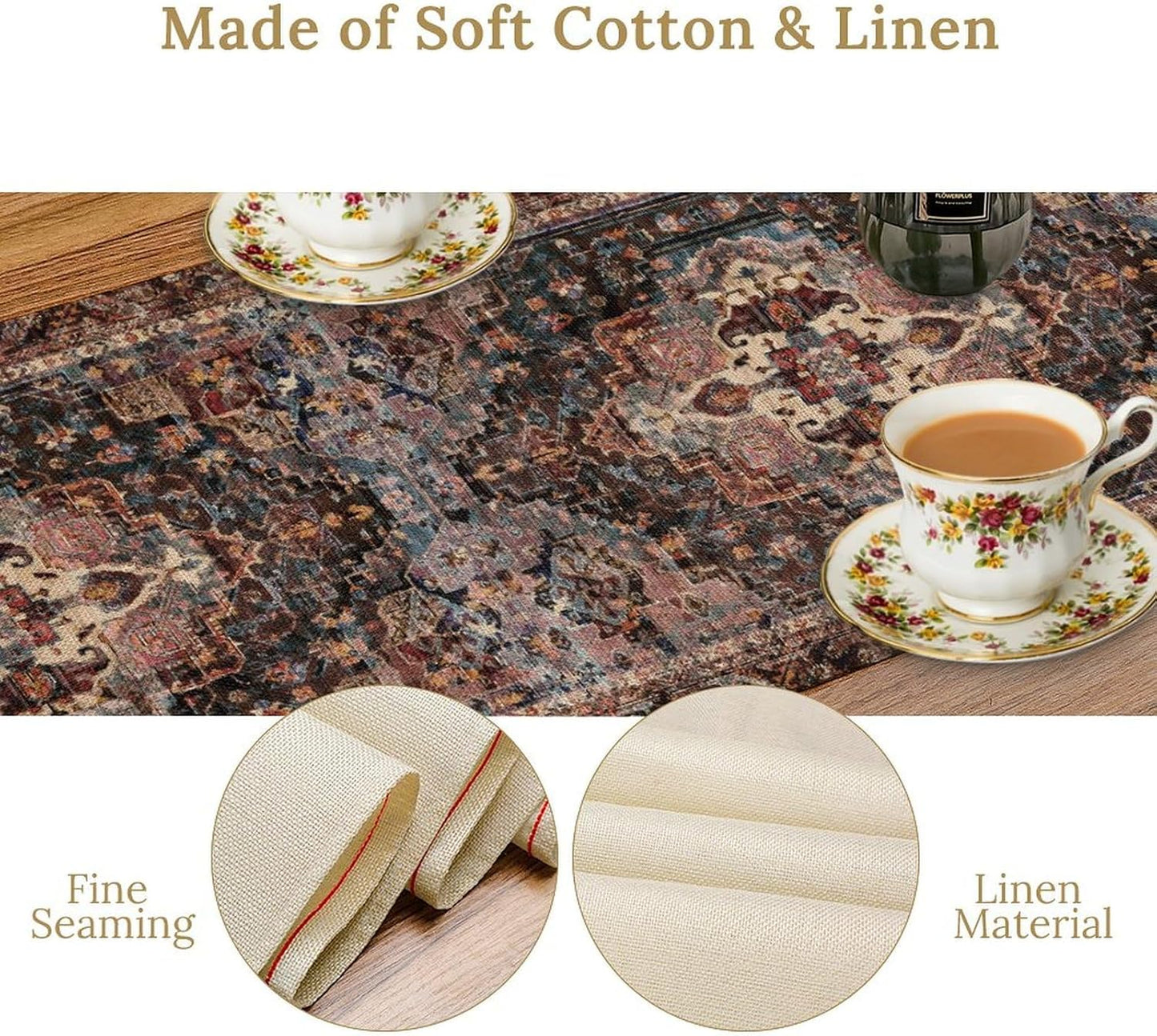 Vintage Boho Floral Table Runner, Rustic Country Farmhouse Black Bohemia Flower Pattern for Home Kitchen Table Decor Dining Coffee Room Party Decor 13x108in