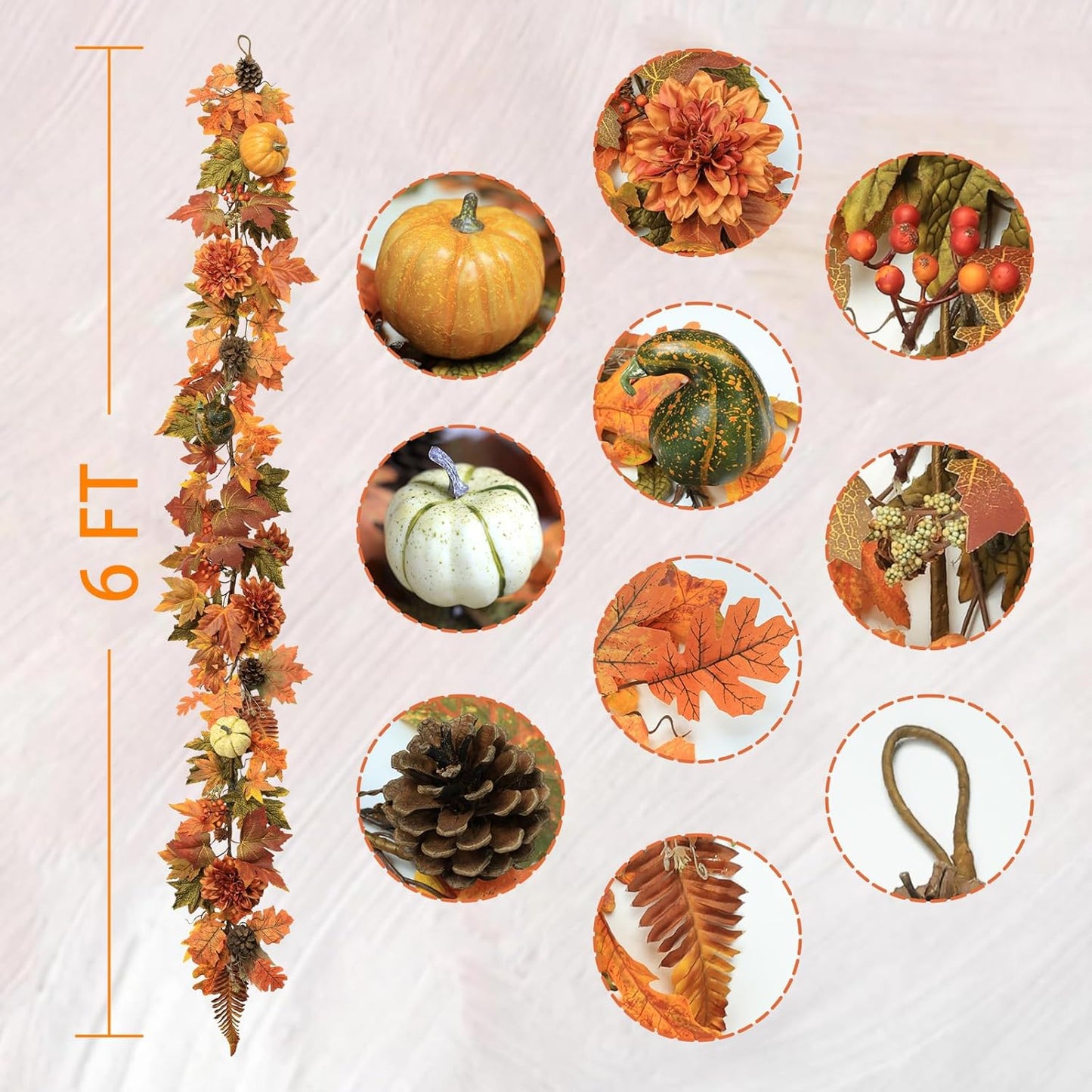 Artificial Fall Maple Leaves Garland Hanging Vine 6Ft Fake Pumpkin Pine Berries Autumn Decoration Garland Decor for Fireplace Home Doorway Party Indoor Outdoor