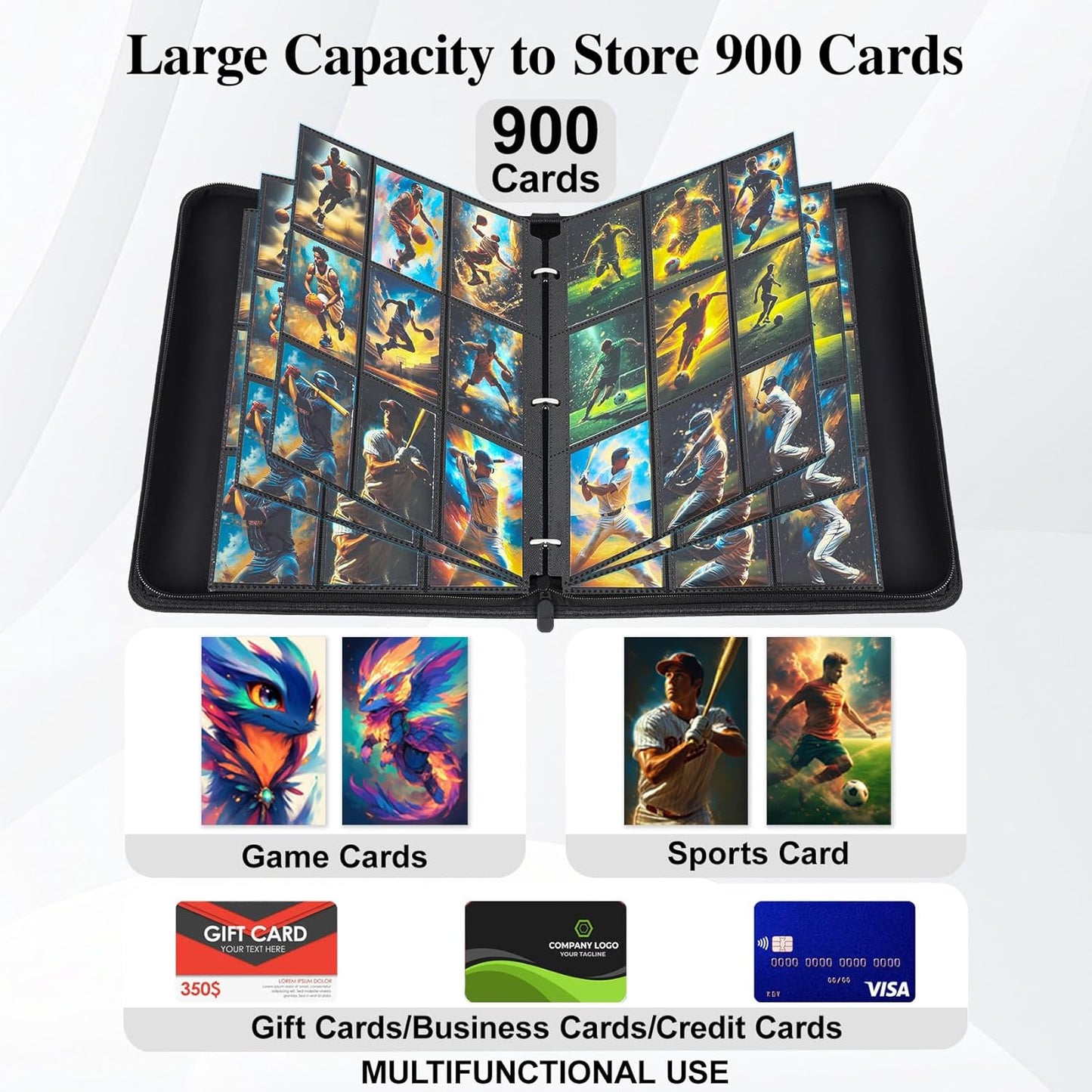 Trading Card Binder 9 Pocket with Display Window, 900 Cards Capacity Card Binder, Waterproof PU Leather Photocard Baseball Card Binder for MTG, TCG, Sports Cards, Black w/Clear Display Window
