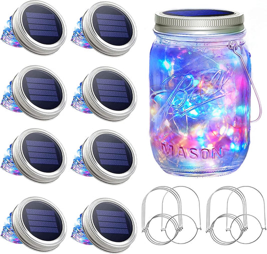 SunKite Solar Mason Jar Lights [Updated], 8 Pack 20 LED Waterproof Fairy Firefly Jar Lids String Lights with Hangers(NO Jars), Patio Yard Garden Wedding Decoration(Multi-Colored)
