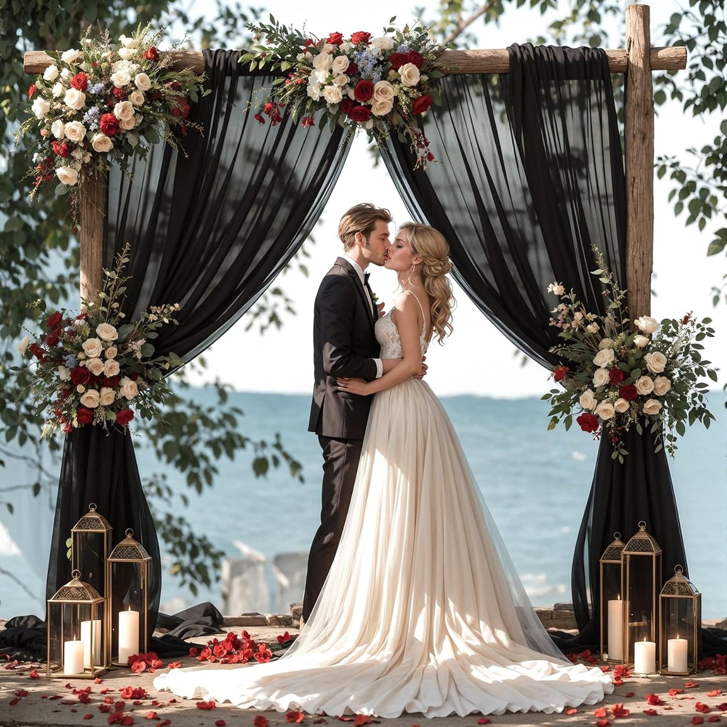 Wedding Arch Draping Fabric,2 Panels 18FT Black Sheer Chiffon Curtain Drapes 6 Yards for Wedding Ceremony Birthday Party Decoration