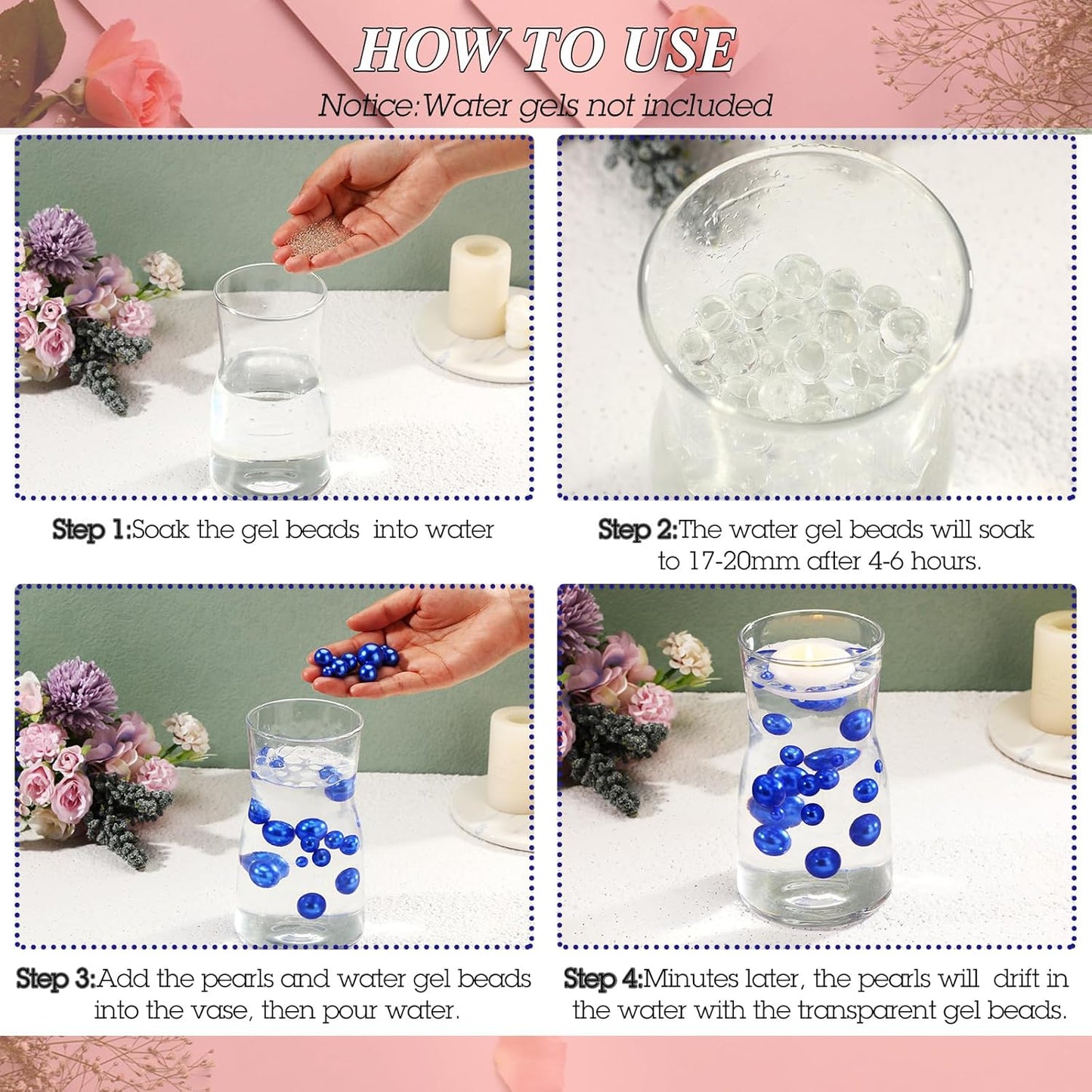 150 Pieces Vase Filler Faux Pearls Vase Makeup Beads No Hole Gloss Bead Mixed Sizes Round Pearl for Home Party Wedding Decor, 8/14/20 mm(Royal Blue)