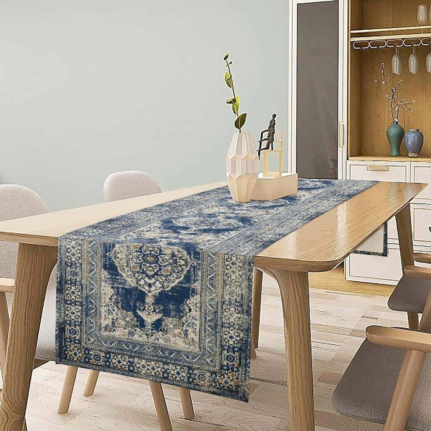 Vintage Boho Floral Table Runner, Rustic Country Farmhouse Blue Teal Retro Flower Pattern for Home Kitchen Table Decor Dining Coffee Room Party Decor 13x60in