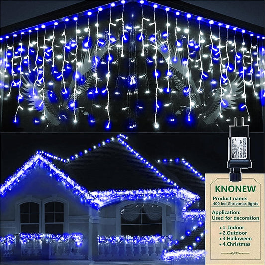 KNONEW Christmas Lights Outdoor Decorations 400 LED 33ft 8 Modes Curtain Fairy String Light with 75 Drops, Clear Wire LED String Light Indoor Decor for Wedding Party Christmas (Blue and White)