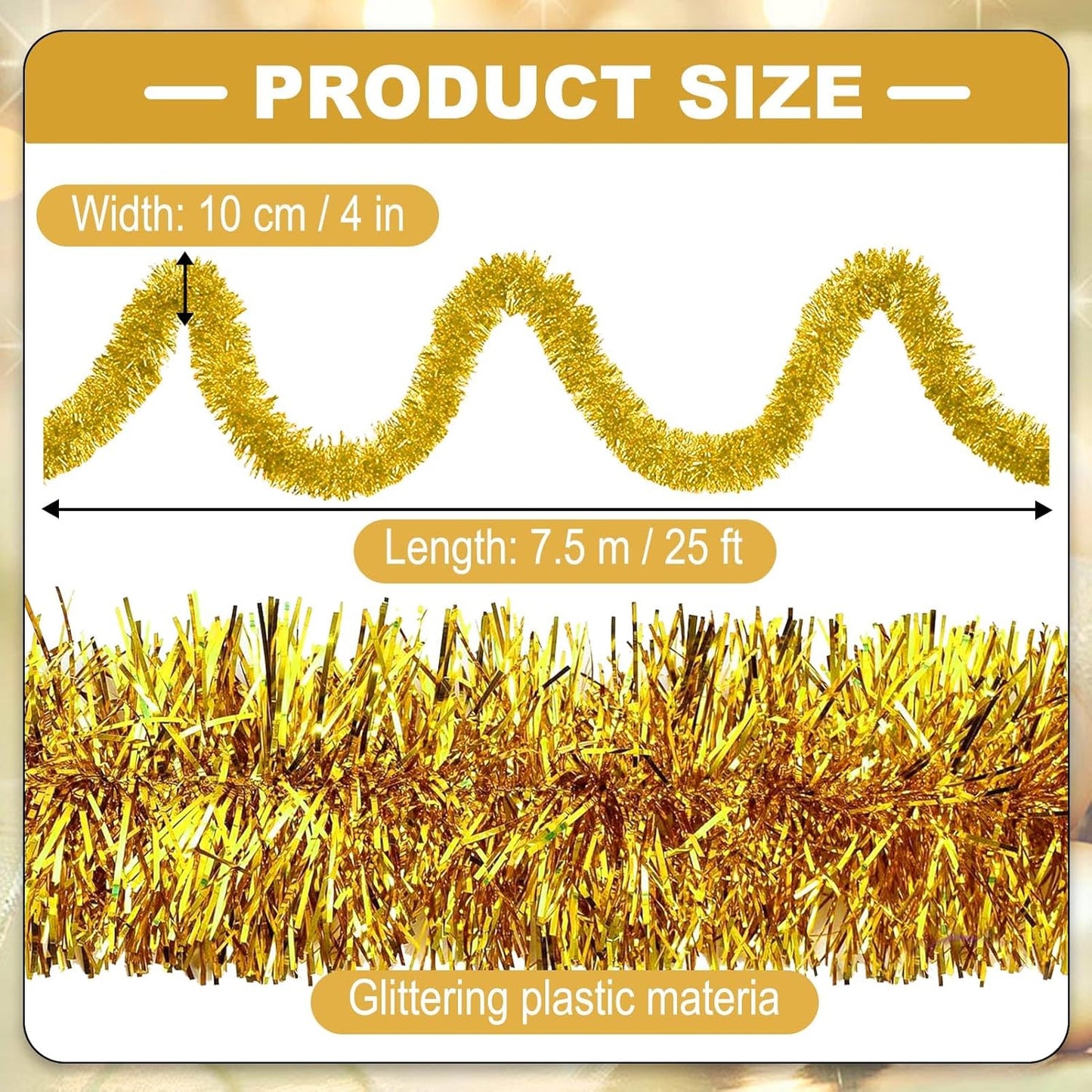 25 Feet Christmas Tinsel Garland, Metallic Twist Wall Hanging Tinsel Backdrop for Parade Floats, Carnival, Birthday, Wedding, New Year Party Decorations (Gold, 4in x 25ft)