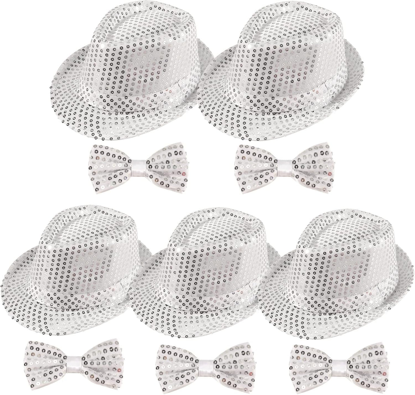 10 Pcs Unisex Sequin Fedora Hat Sequin Bow Ties Set Bling Retro Dance Jazz Cap Funky Party Costume Fedora
