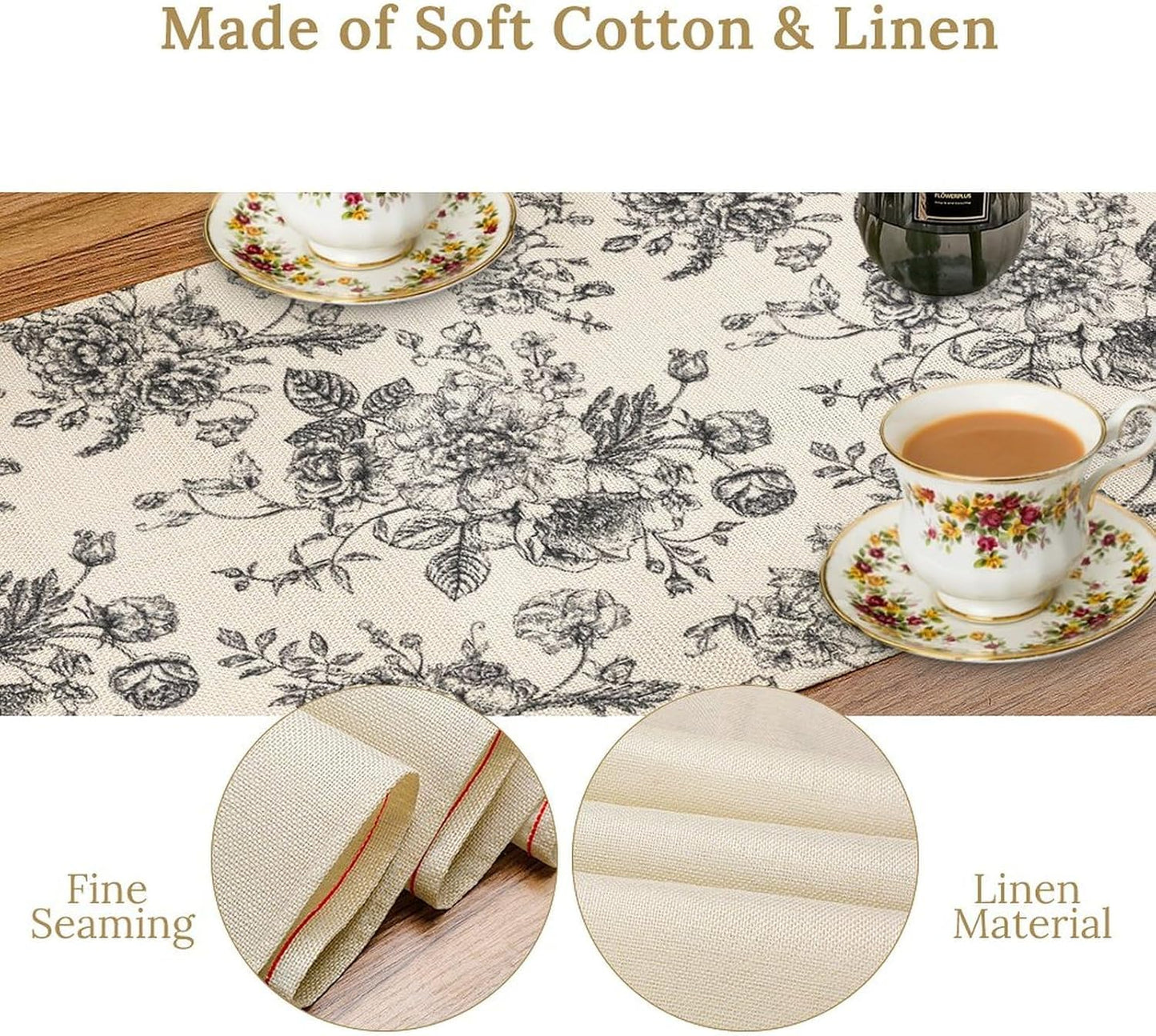 Vintage Flower Table Runner, Black White Wildfloral Floral Sketch Print Kitchen Dinning Table Runner for Indoor Outdoor Home Wedding Party Holiday, 13x70 Inch