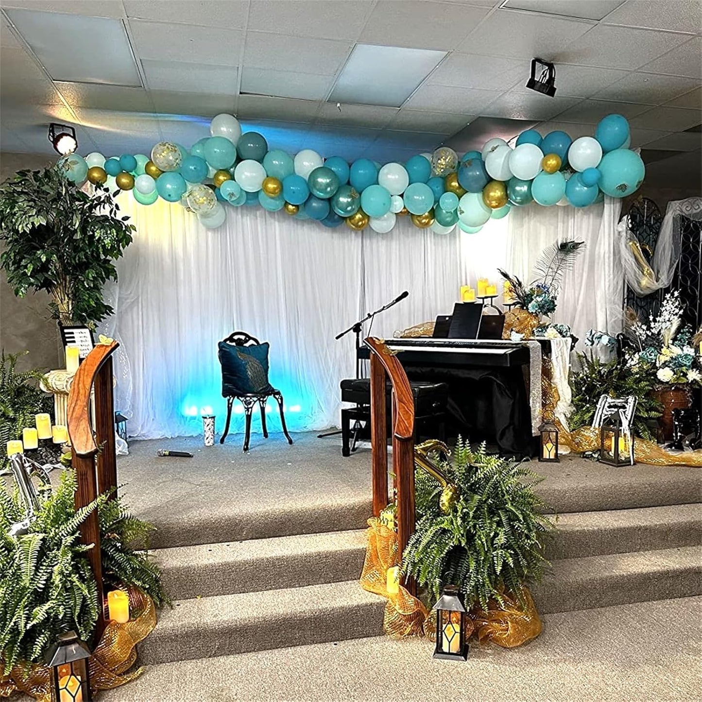 Teal Blue Gold Balloons, 12 Inch Retro Turquoise Aqua Blue Pastel Blue Metallic Gold White Latex Balloons, Teal Balloons Set for Boys Christening Birthday Baby Bridal Shower Wedding Party Decorations