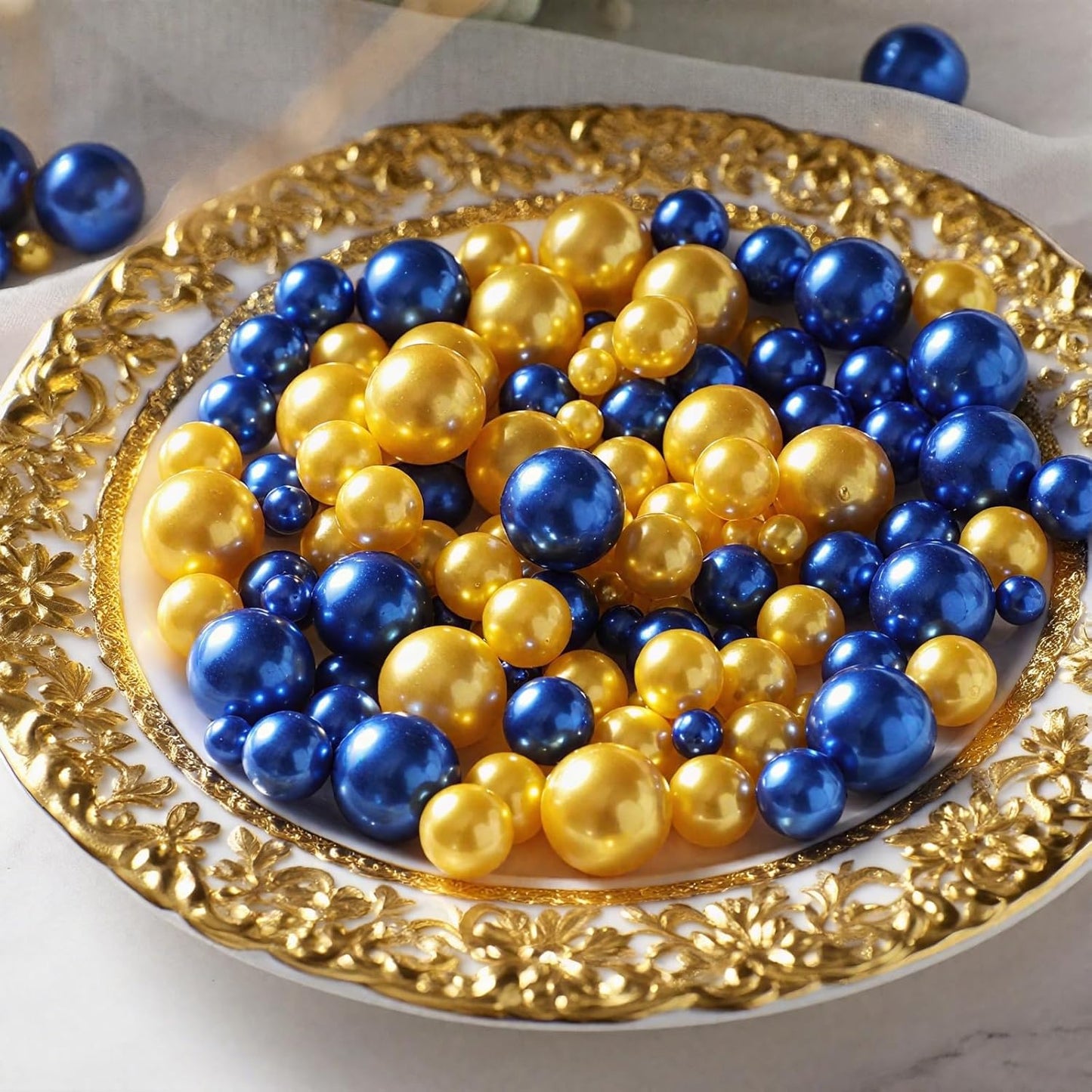 200 Pcs Vase Filler Beads Gold and Blue Pearl Beads for Vase No Hole Pearls for Centerpieces Vases DIY Home Table Party Decor DIY Wedding 8/14/20mm