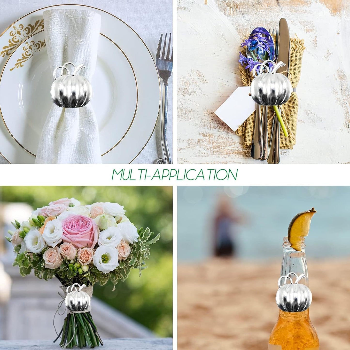 Halatool Pumpkin Napkin Rings Set of 12, Alloy Fall Napkin Rings Thanksgiving Halloween Dinner Tables Holders for Thanksgiving Weddings Holidays Gathering Dinner Party (Silver)