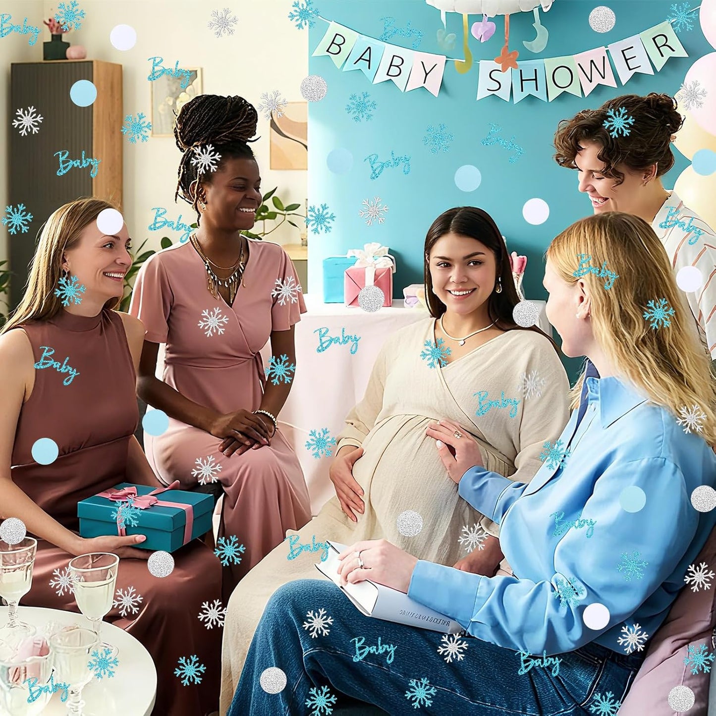 MARFOREVER Winter Baby Shower Table Confetti, 200 Pcs Glitter Blue Silver Snowflake Table Decorations Winter Gender Reveal Party Confetti Sprinkle for Winter Birthday Party Baby Shower Decorations