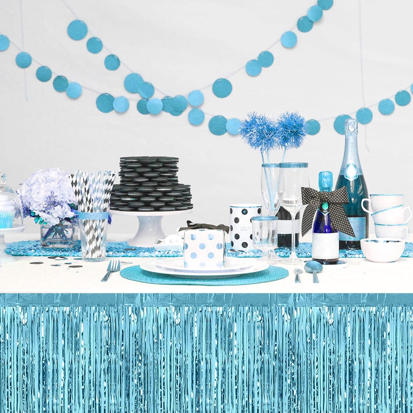 3 Pack 29x108 Inch Light Blue Foil Fringe Table Skirts Metallic Banner for Tinsel Streamer Garland Backdrop for Parade Floats Wedding Thanksgiving Birthday Christmas Halloween Party Decoration