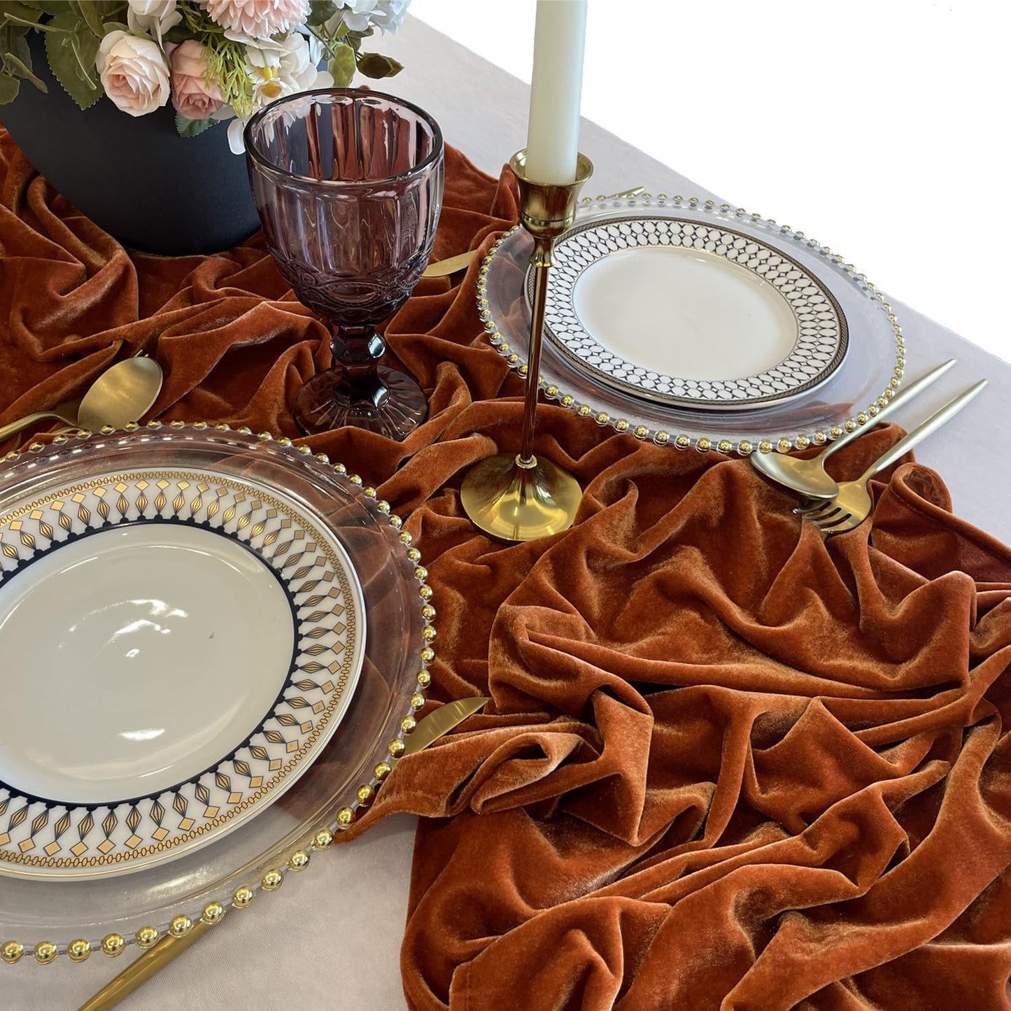 Luxurious Velvet Table Runner, Terracotta 120 Inches Wedding Table Runners, 10ft Velvet Home Party Table Decorations