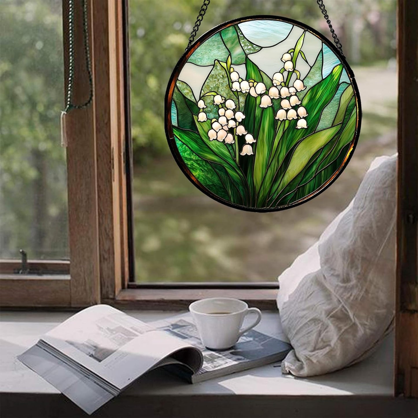 Stained Glass Window Hanging - White Green Lily of The Valley Suncatcher for Doors Garden Terrace Plant Sun Catchers Decor Mother's Day Birthday Flowers Gifts for Women Men Mom 6.3 in