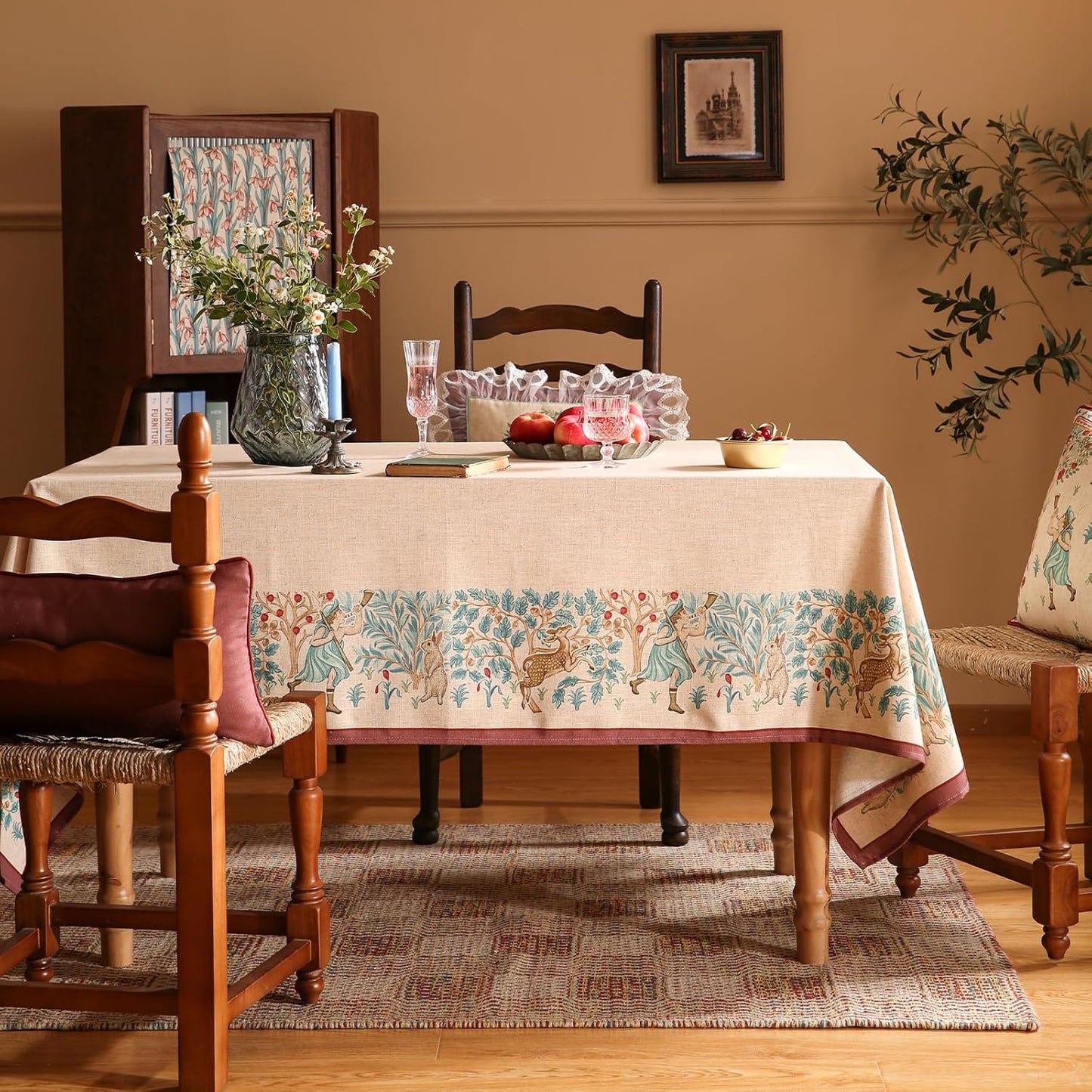 patdrea Designer Beige Extra Long Tablecloth for Rectangle Table,Vintage French Linen Trees Pattern Table Cloth,Decoration Cover for Kitchen Dining Christmas,Thanksgiving,63"x110"-Tatiana D