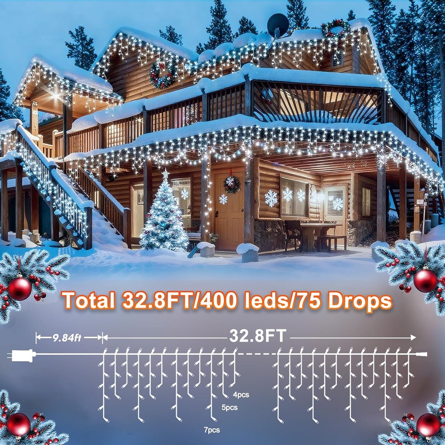 KNONEW Christmas Lights Outdoor Decorations 400 LED 33ft 8 Modes Curtain Fairy String Light with 75 Drops, Clear Wire LED String Light Decor for Wedding Party Holiday Christmas Decorations(Cool White)
