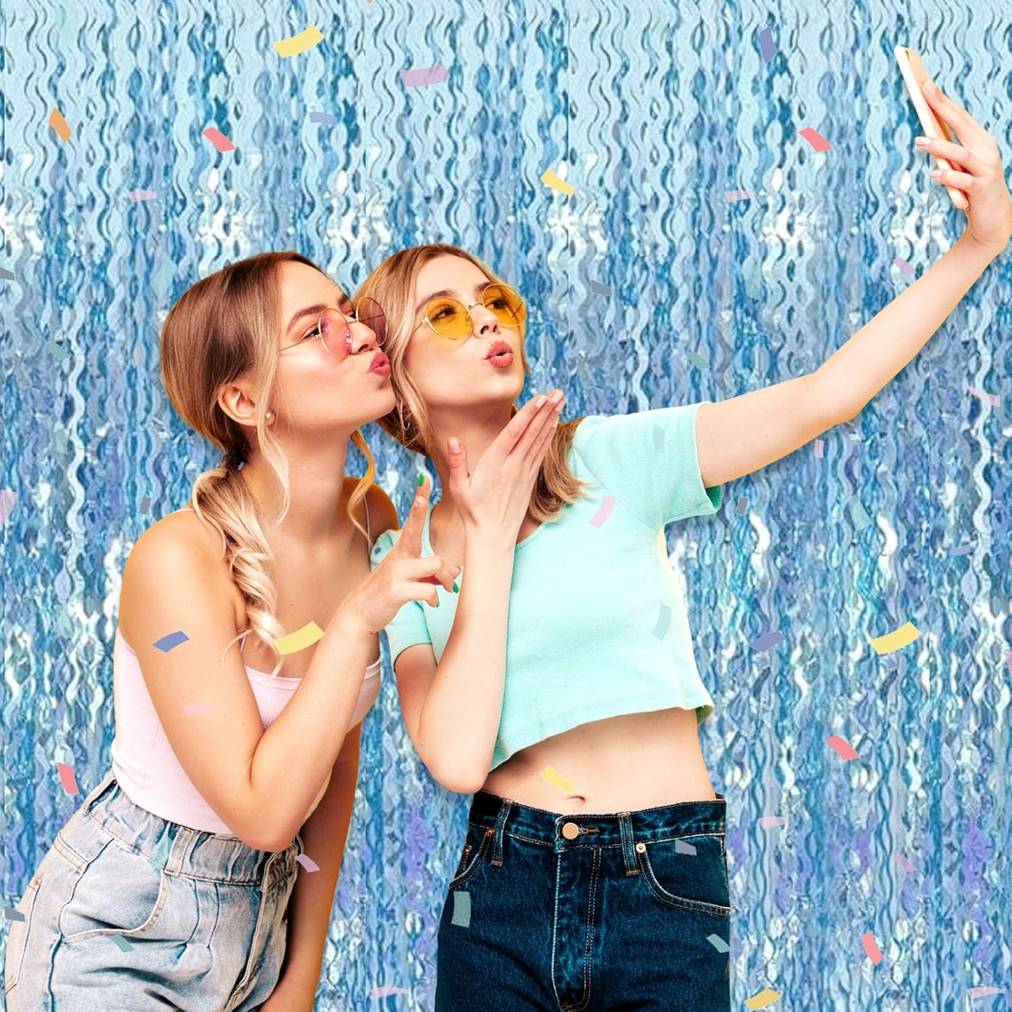 4 Pack Light Blue Wave Foil Fringe Curtain Backdrop, 3.28Ft x 8.2Ft Metallic Tinsel Foil Fringe Streamer Curtains for Photo Booth, Mother's Day, Easter, Birthday, Wedding Party Decoration