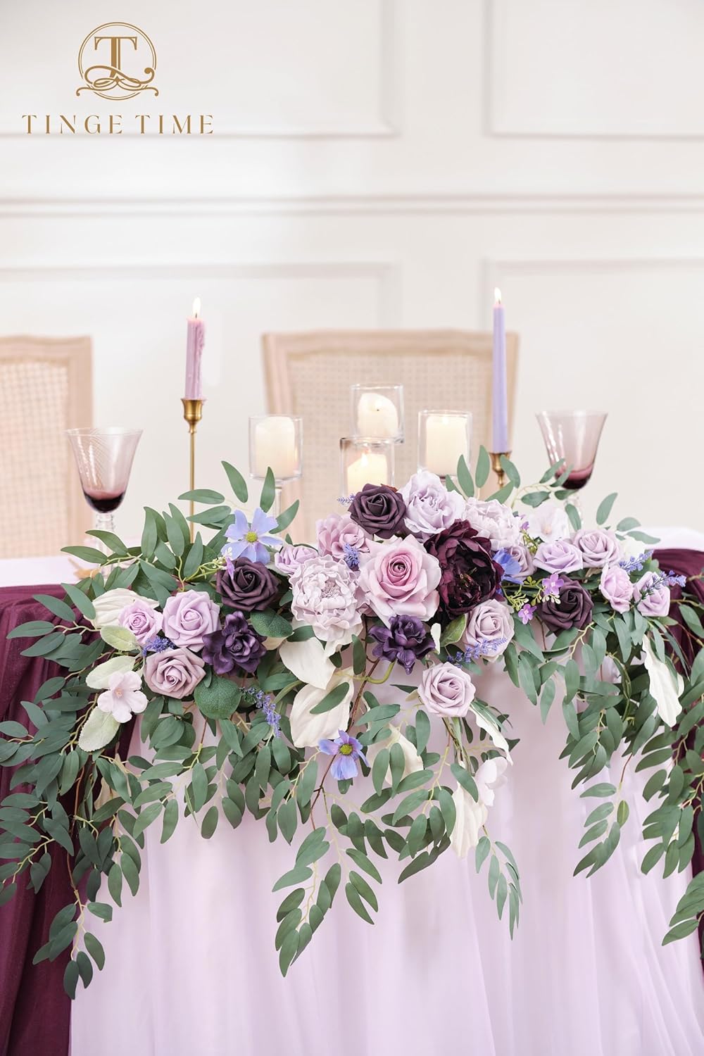 TINGE TIME Artificial Sweetheart Flower Swag with Tablecloth and Table Runner, Pack of 3 Floral Arrangement for Wedding Sweetheart Table Centerpiece Decoration (Lavender & Plum)