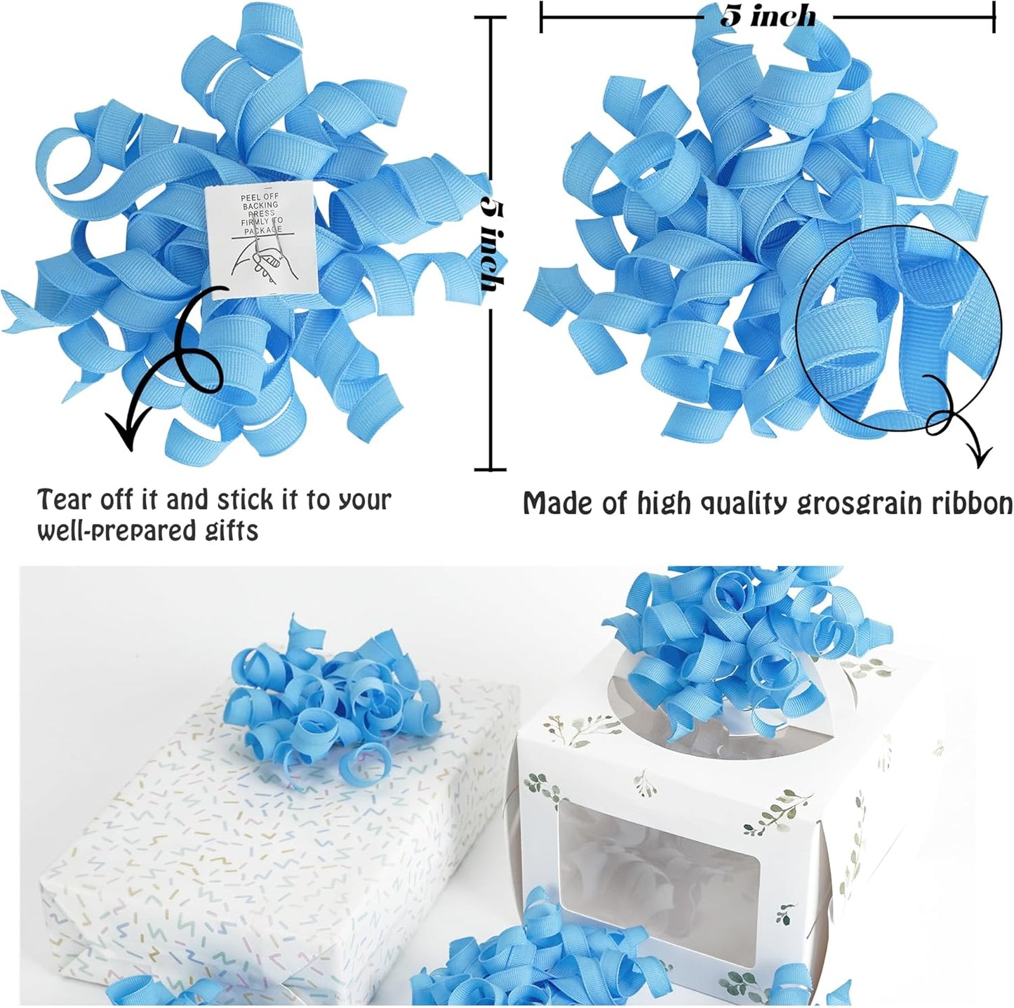 HUIHUANG Baby Blue Bows for Gift Wrapping, Blue Curly Ribbon Bows Self Adhesive Burst Gift Bows for Presents, Wine Bottle, Treat Bags, Wrap Accessories, Baby Shower, Wedding Party Favor - 6 Counts