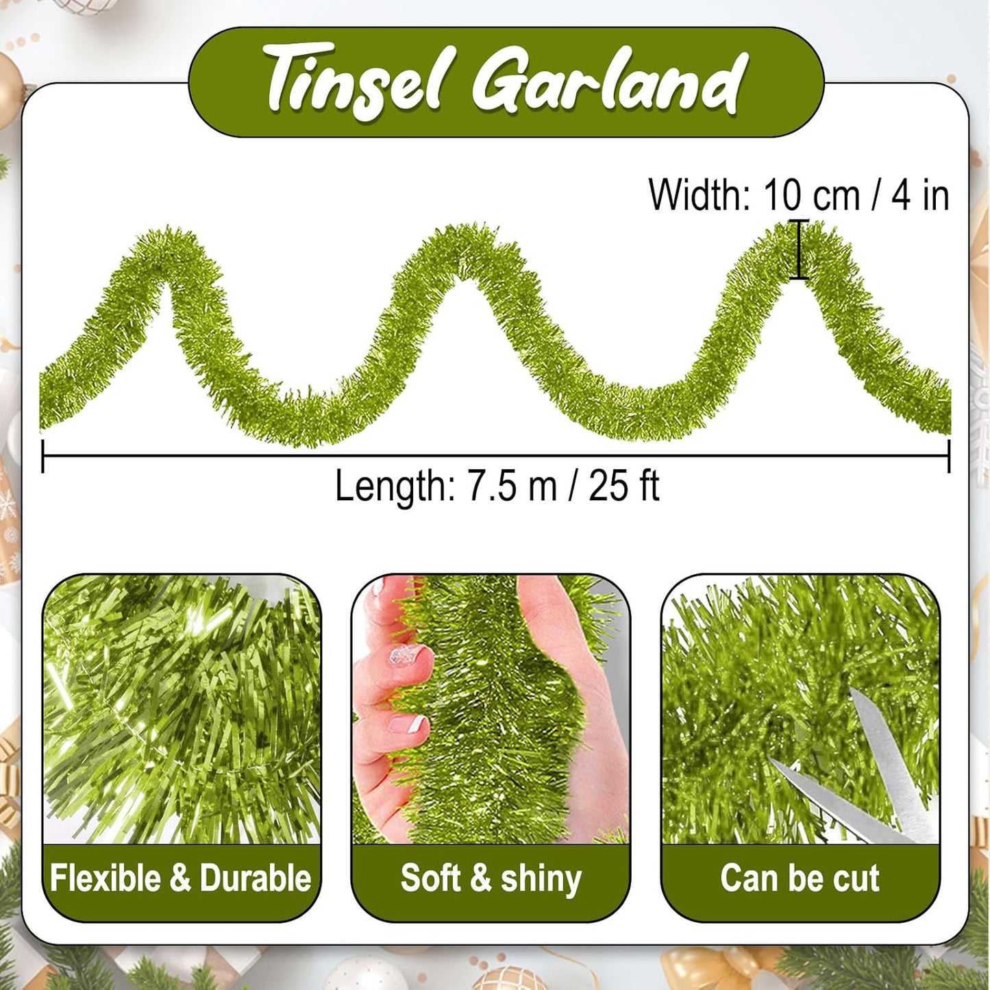 25 Feet Light Green Christmas Tinsel Garland, Metallic Foil Twist Banner Wall Hanging Tinsel Streamers Backdrop for Parade Floats, Christmas, Mother's Day, Birthday Party Decorations(4in x 25ft)