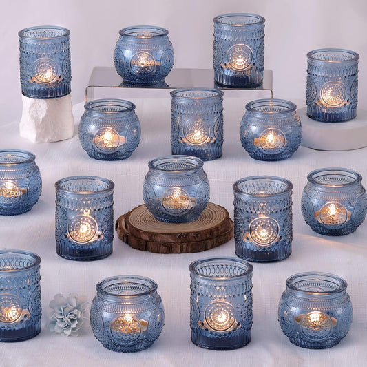 DARJEN Blue Votive Candle Holders Set of 36 - Votive Candle Holders Bulk, Glass Candle Holder for Party Decoration, Tea Lights Candle Holders for Wedding
