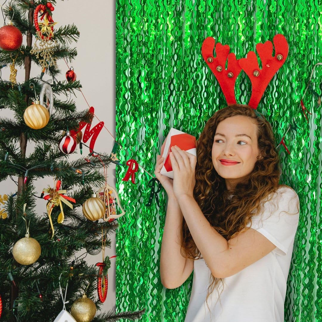 Green Streamers Foil Fringe Curtains Fringe Backdrop Curtains, Football Party Decorations, Green Birthday Decorations for Boy, Christmas Favor, Dinosaur Birthday Decor, Jungle Party Decorations