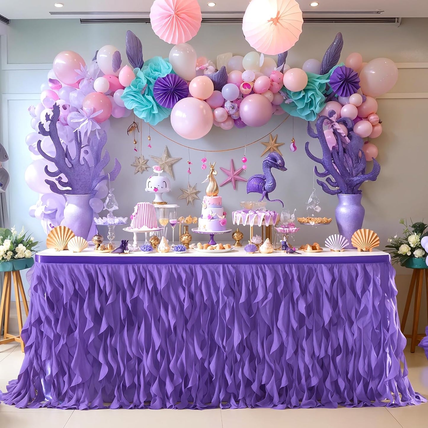 Partisky Mermaid Purple Tulle Curly Willow Table Skirt for Rectangle Table 6ft, Ruffle Tutu Table Cloth for Girls Boys Baby Shower,Mermaid Birthday Party