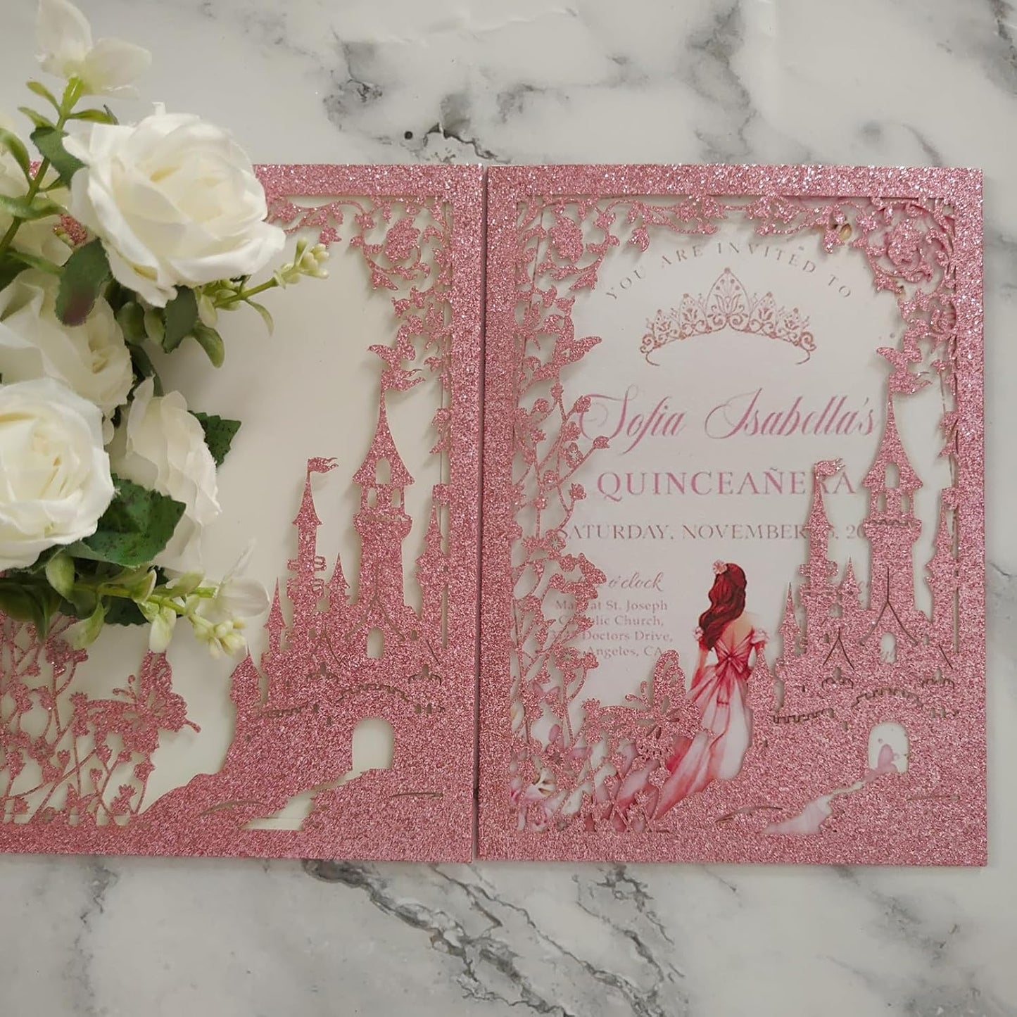 20PCS Castle Pocket Invitations, Quinceanera Invitations with Envelopes, Princess Invitation, Laser Cut quince invites (glitter pink)