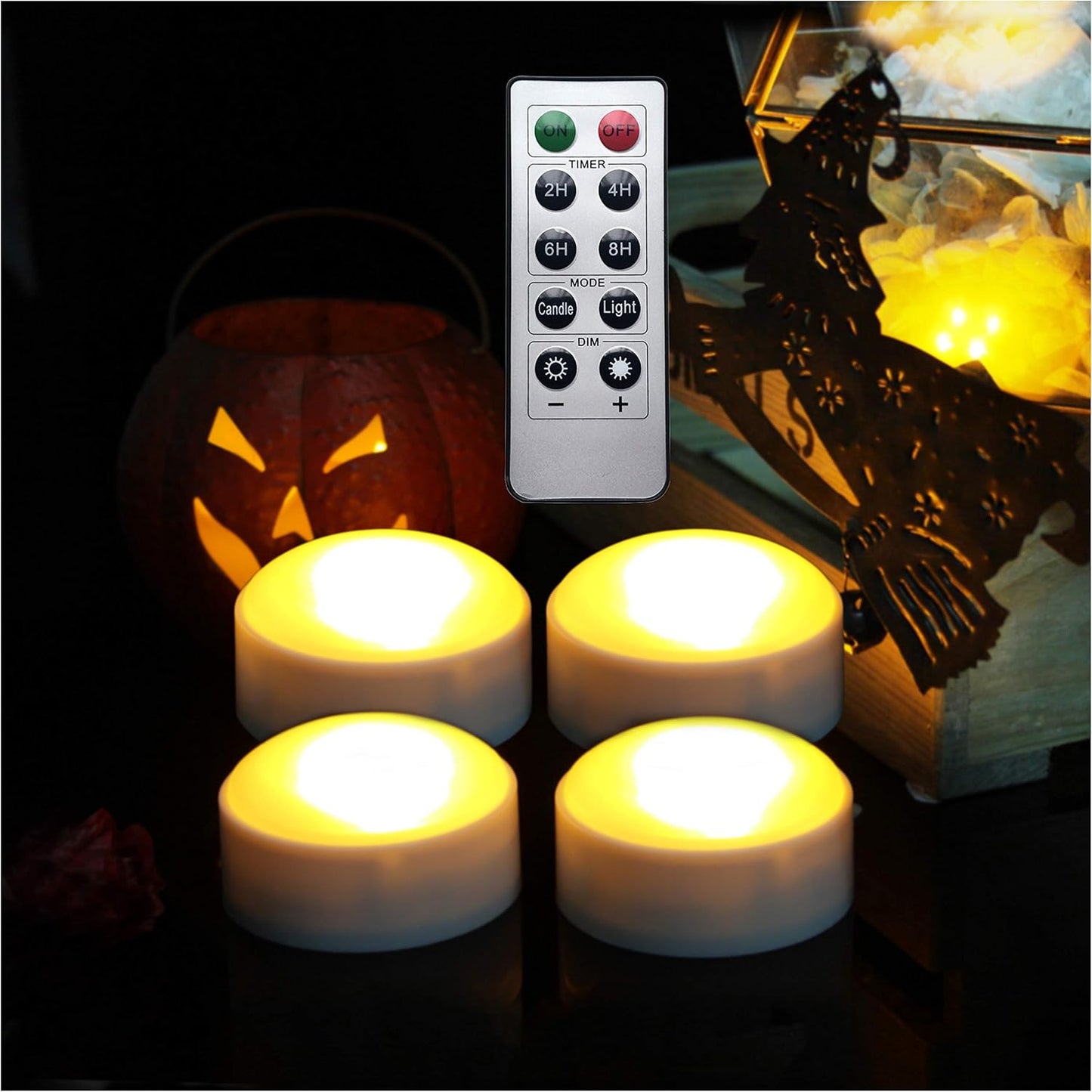 LED Pumpkin Lights with Remote and Timer, Battery Operated Bright Flickering Flameless Candle Lights for Pumpkin Decor, Jack-O-Lantern Halloween Party Decorations, White Color, 4 Pack(with 1 Remote)