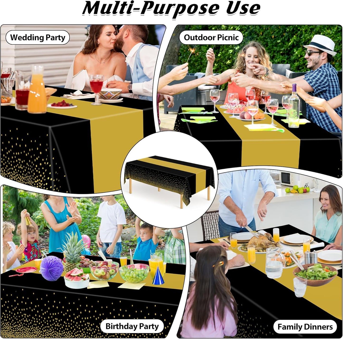 4Pack Black and Gold Tablecloths for Events, 54" x 108" Plastic Table Cloth Disposable for Rectangle Tables, Waterproof Table Cloth Cover for New Years Eve Decorations Holiday Birthday Wedding Dining