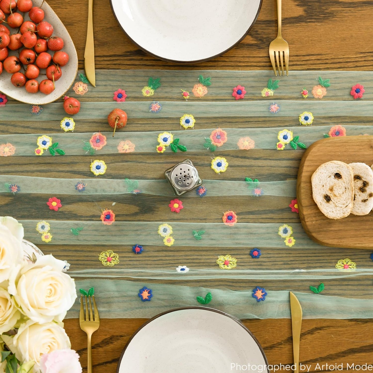 Artoid Mode 3PCS Sage Green Embroidery Daisy Gauze Table Runner 120 Inch 10FT, Seasonal Sheer Dining Holiday Wedding Birthday Table Decor for Home Party