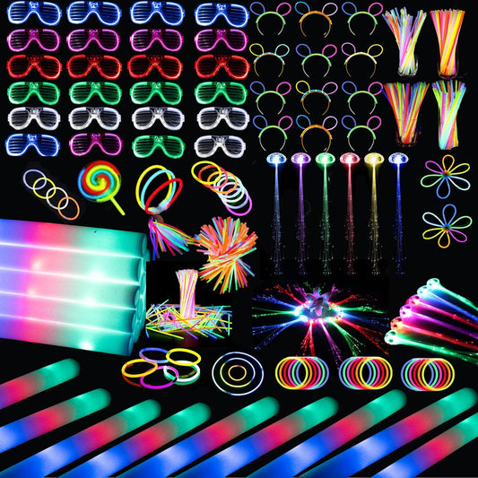 272 PCs Glow Party Supplies, 24 Foam Glow Sticks, 24 LED Glasses and 200 Glow Sticks ＆ Bracelets, 12 Glow sticks headband 12 Fiber Optic Hair Light，Glow Neon Party Favors for Wedding, Concert, Raves
