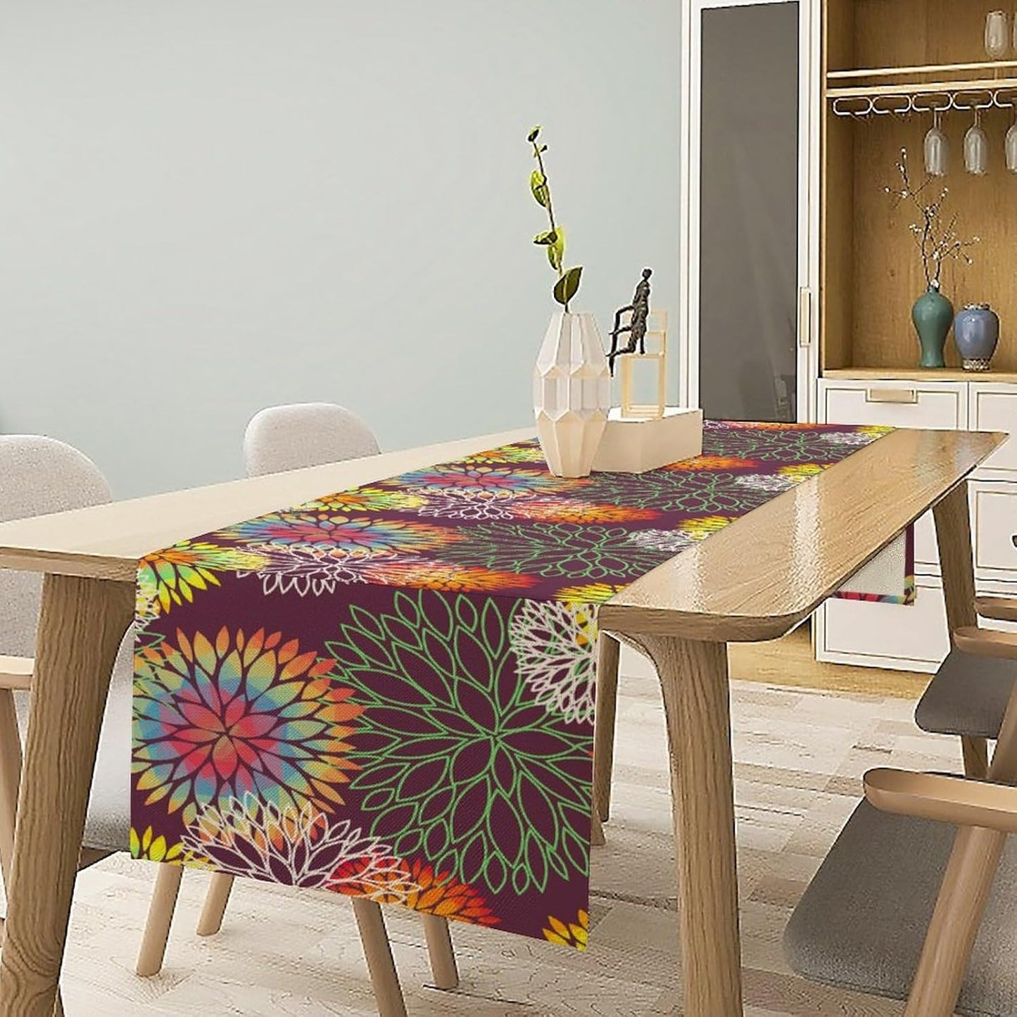 Brown Dahlia Flower Table Runner, Linen Geometric Pattern Floral Table Decor Spring Farmhouse Decorations for Kitchen Dining Holiday Party Decor, 13x60 Inch