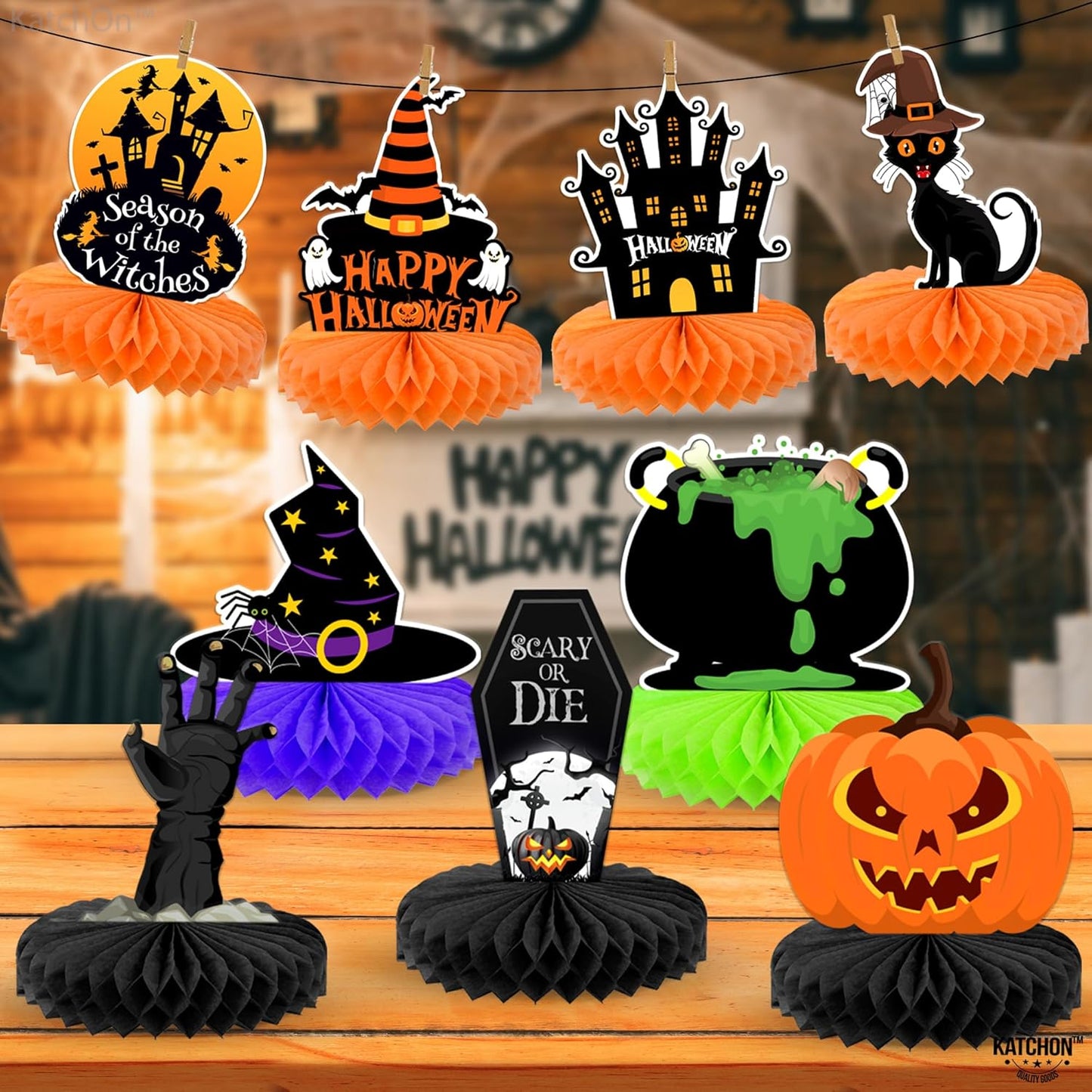 KatchOn, Halloween Centerpieces for Tables - Pack of 9 | Witch Halloween Table Centerpiece, Halloween Table Decorations | Orange and Black Halloween Centerpiece | Spooky Halloween Decorations Indoor