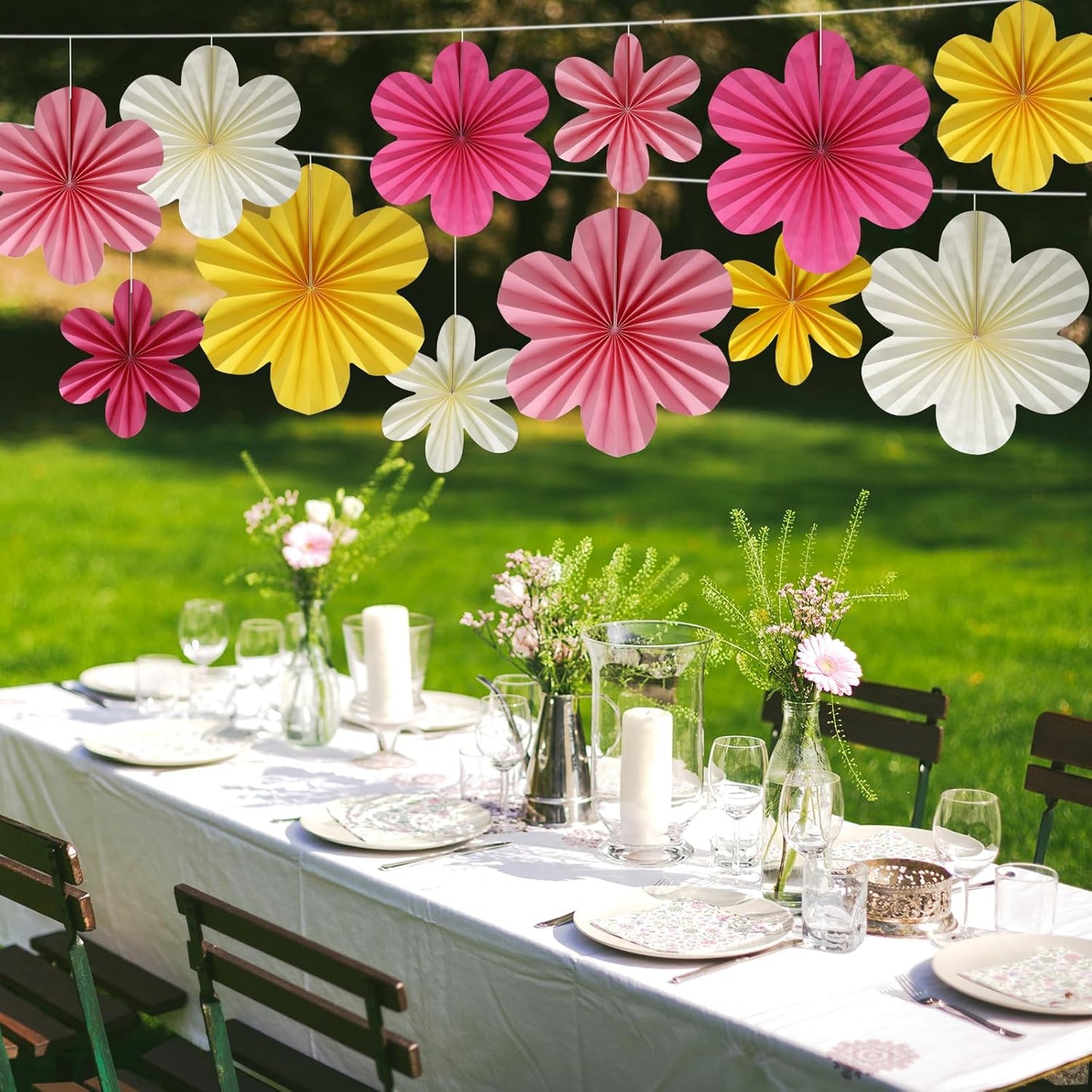 BestoFun 12 PCS Paper Flowers Fans Pink and Yellow Party Decorations Paper Flowers Decorations for Wall Girl Groovy Birthday Baby Shower Wedding Bachelorette Room Hanging Décor
