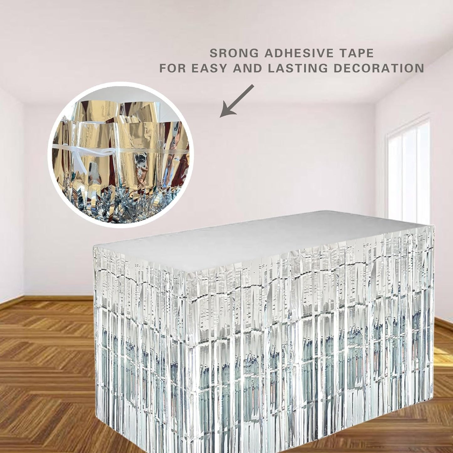 Silver Streamers Party Decorations, 2 Packs Silver Table Skirts Metallic Foil Fringe Tinsel for Birthday Disco Bachelorette Baby Shower Wedding Graduation Float Parade Party Supplies - 29x108 Inch