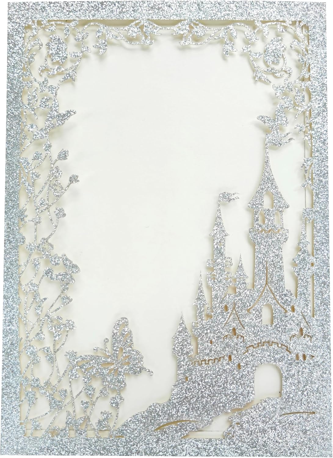 20PCS Castle Pocket Invitations, Quinceanera Invitations with Envelopes, Princess Invitation, Laser Cut quince invites (glitter silver)